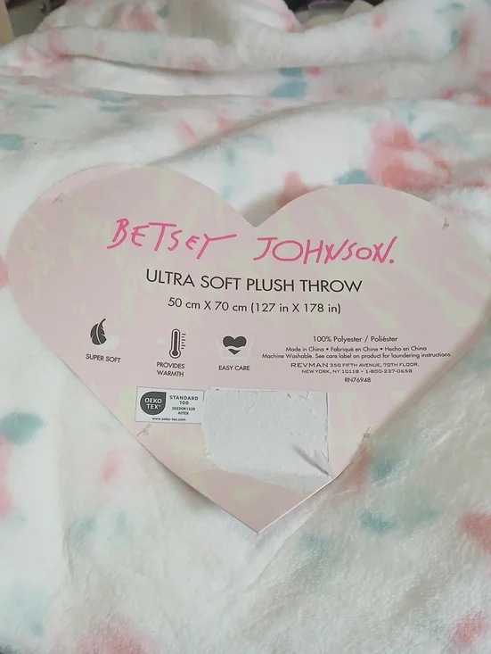Betsey Johnson White Plush Throw with Pastel Pink & Pastel Blue Splatter