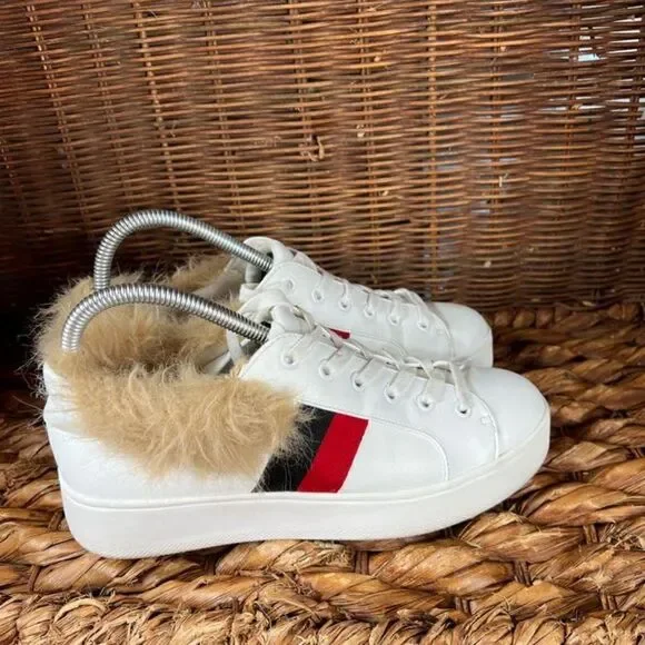 Steve Madden Sz‎ 7.5 Women's White Belle Faux-Fur Lace-Up Platforms Sneakers