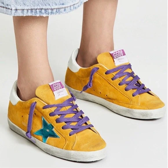 Golden Goose Yellow Suede Sneakers with Purple Laces and Teal Star