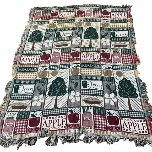 Vintage apple jacquard fringed throw blanket pie‎ jam acrylic reversible 61x47