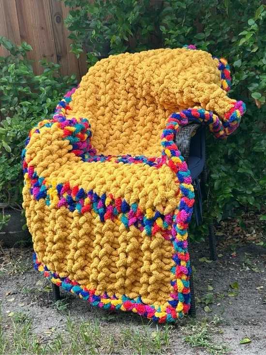 Hand Crafted Mustard Yellow Chunky Knit Throw with Colorful Braided Edge
