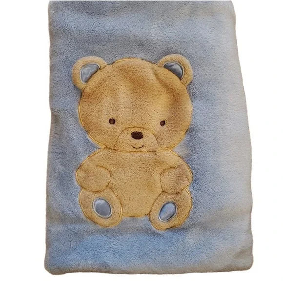 Okie Dokie Teddy Bear Baby Blanket Blue Tan Soft Plush Fleece Security Lovey