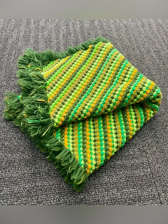 Vintage Crochet Blanket Handmade Knit Tassels Striped Retro Green Orange 66 x 40