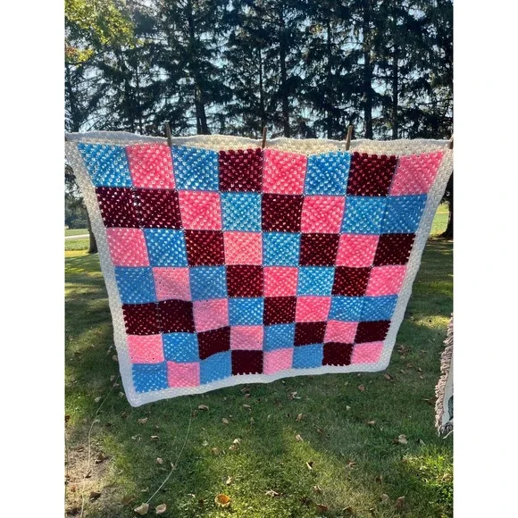 Crochet Granny Square Blanket Throw Afghan Pink Blue Burgundy Handmade 46