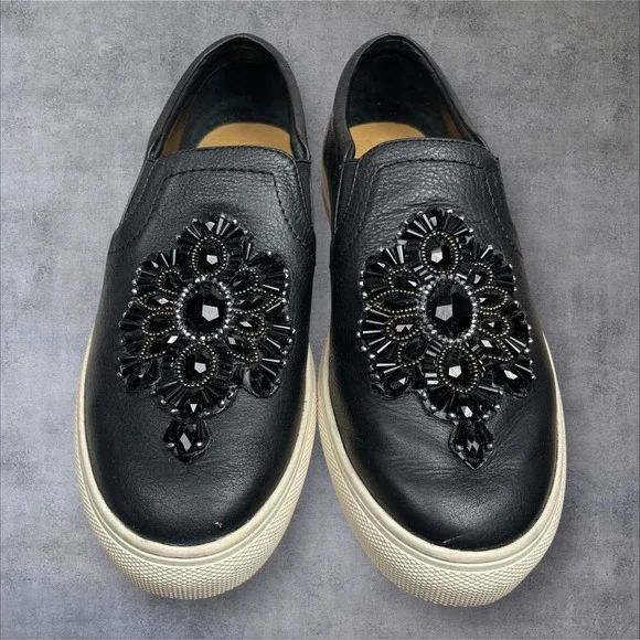 Brighton Spark Black Leather Slip On Sneaker Shoes Beaded Medallion Womens 9