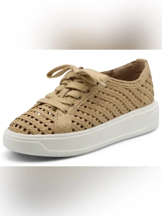 Charles David Sport Reason Raffia Platform Dress Sneaker Cream Tan Natural EUC