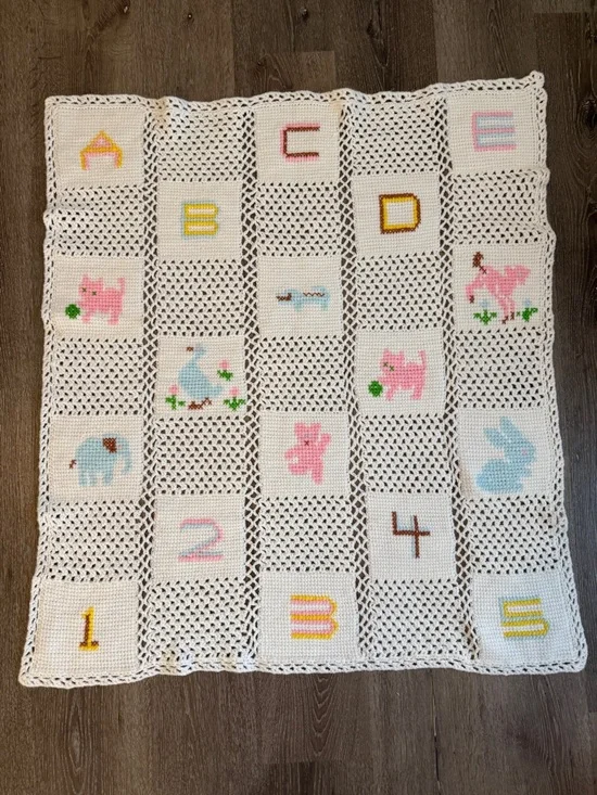 Vintage Crochet Granny Square Baby Blanket ABC 123 Letters & Numbers Nursery