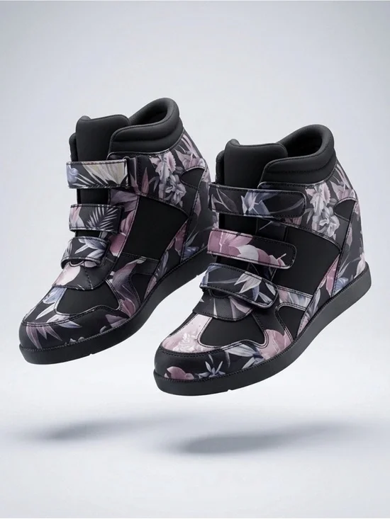 Floral High-Top Wedge Sneakers for Women - Black and Purple