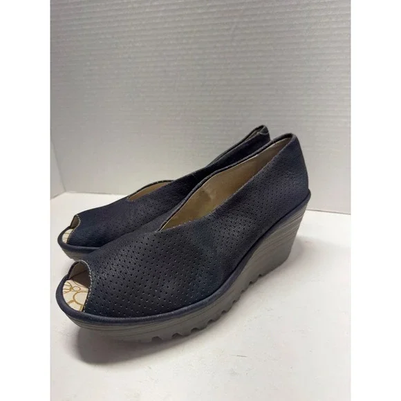 Fly London Yaya Navy Blue Perforated Leather Peep Toe Wedge Sandals 40 9