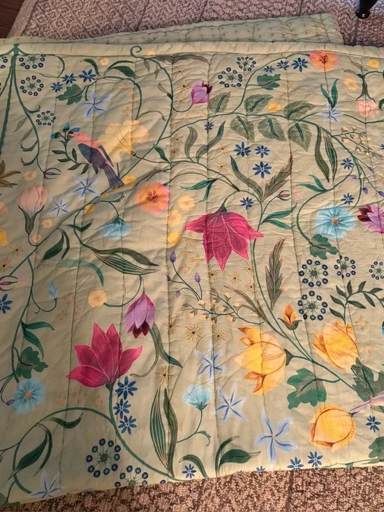 Anthropologie Floral Green Quilted Comforter - Multicolor Botanical Print