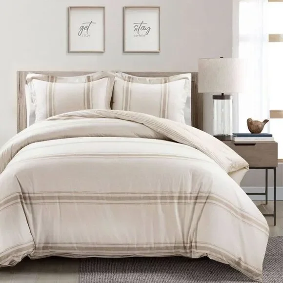 Lush Decor - 3pc King Farmhouse Stripe Reversible Duvet Set Tan Tan