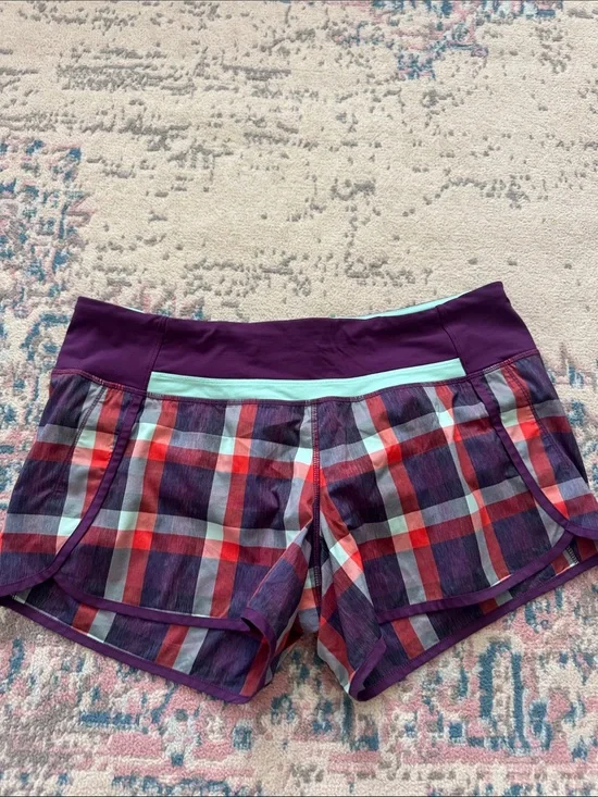 lululemon athletica Purple Plaid Running Shorts with Mint Trim