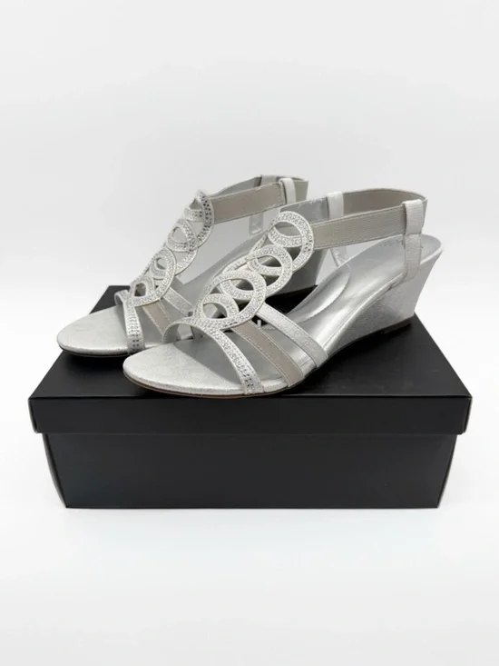 Jones New York Denice Strappy Bling Wedge Sandals Elastic Ankle Silver 7 NEW