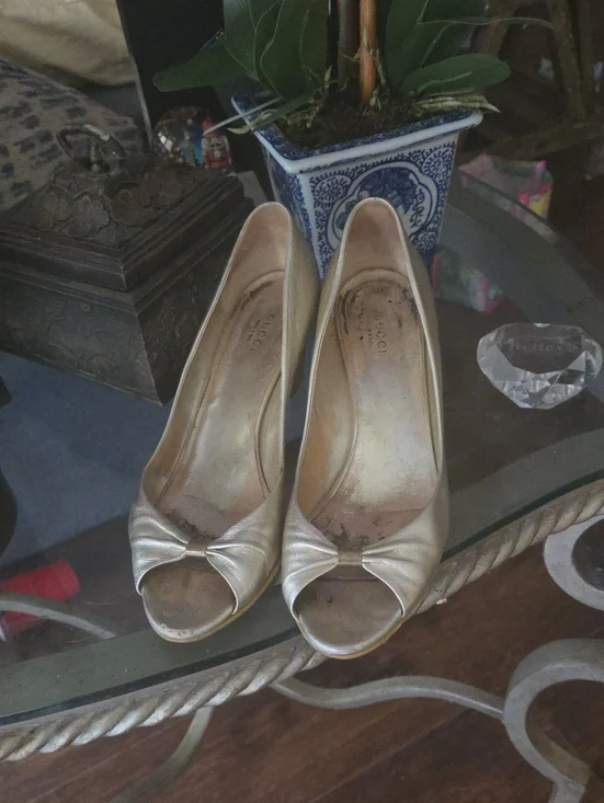 Gucci Metallic Gold Peep-Toe Wedge Heels with Front Knot