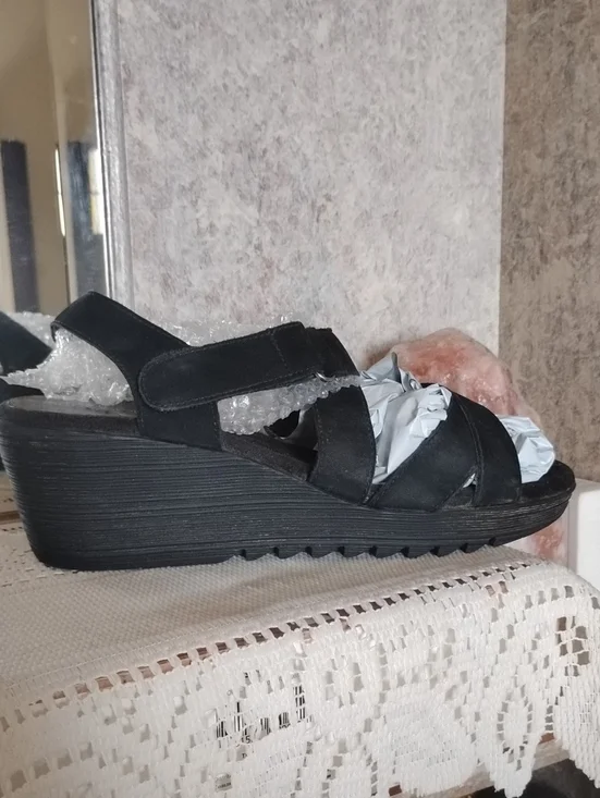AEROSOLES Black Suede Wedge Sandals with Hook-and-Loop Strap