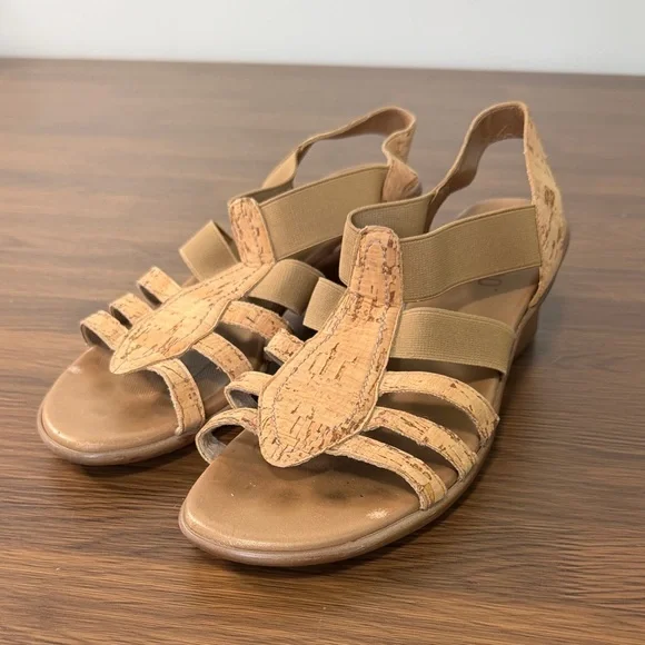 Munro American Cork Strappy Wedge Sandals Tan‎ Elastic 7M 78401
