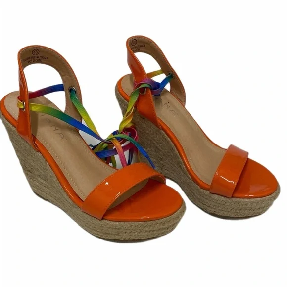 Liliana Orange Dopamine Wedge Espadrille with Multicolor Straps Size 5.5