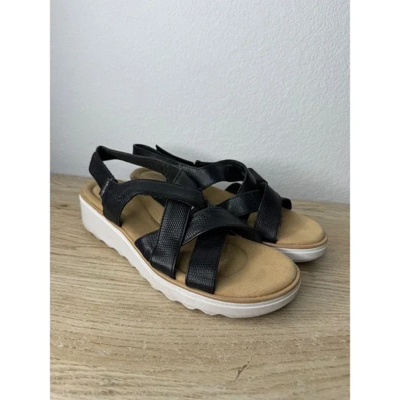Clarks Collection Jillian Black Snakeskin‎ Strappy Wedge Sandals Womens 10W