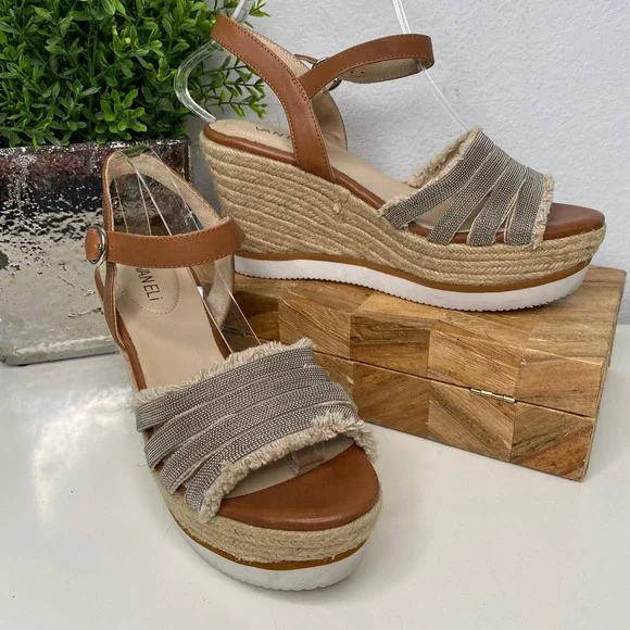 Vaneli Tan Leather‎ Espadrille Wedge Sandals Metallic Chain Straps Women 9M