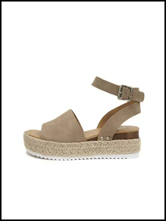 Open Toe Buckle Ankle Strap Espadrilles Flatform Wedge Sandal