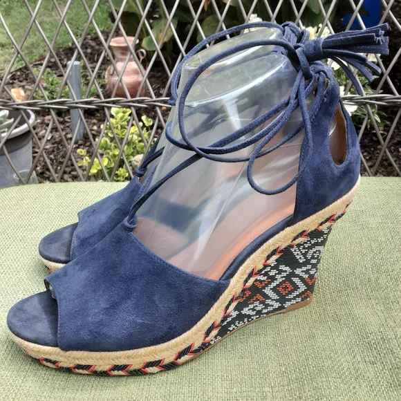 Cabi Isla Southwestern Aztec Pattern Suede Lace Up Wedge Sandal.