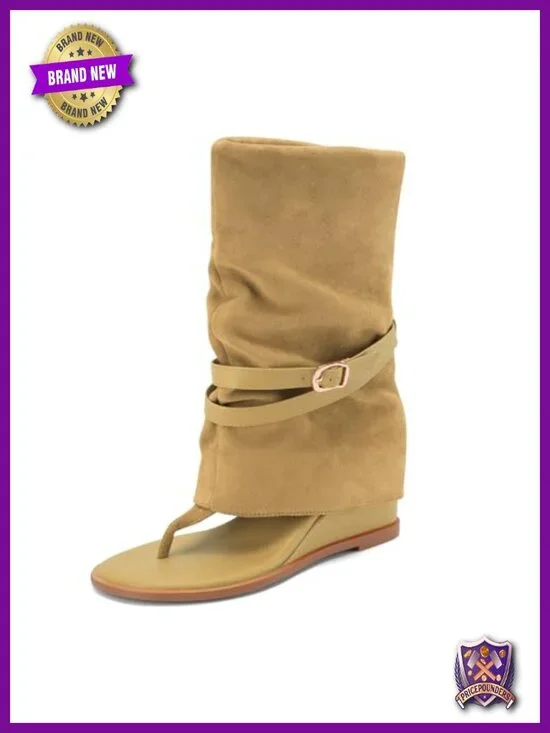 Suede Thong Wedge Sandal Boots Slouchy Mid Calf with Buckle Strap Boho