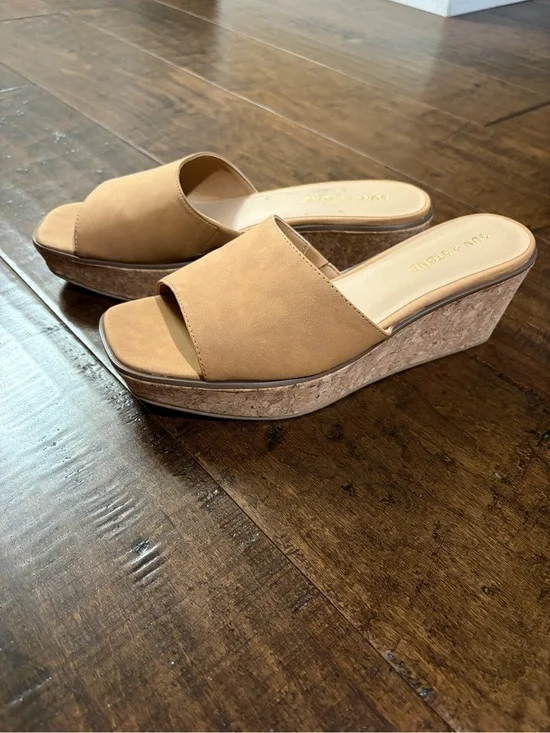 Sun + Stone Tan Slide Cork Wedge Sandals