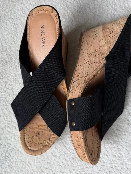 Nine West 12 Black Cork Wedge Sandals