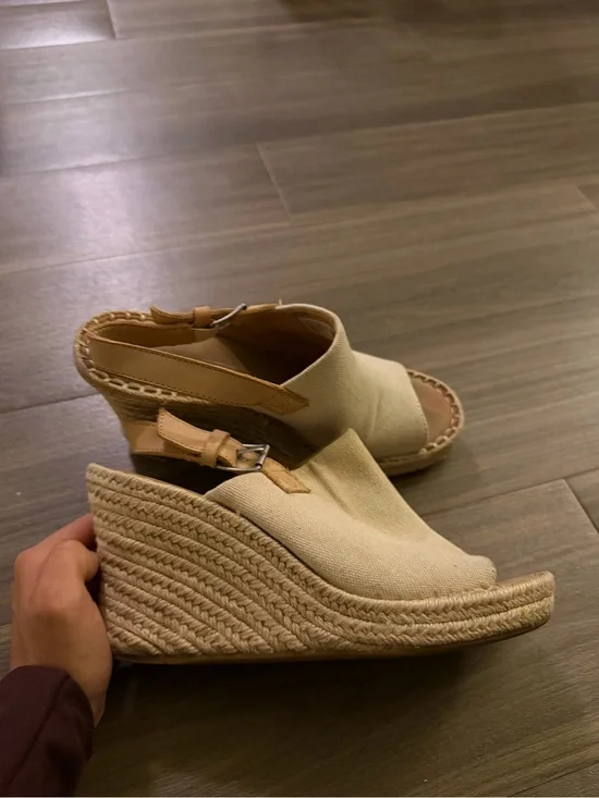 Toms Cream Canvas Wedge Espadrilles with Tan Strap