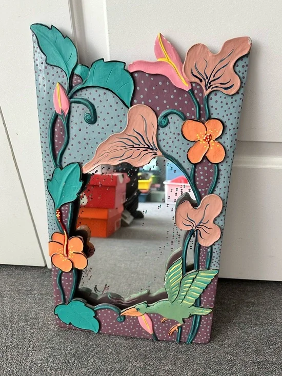 Vintage 1980s Handcrafted Framed Mirror with 3D Painted Tropical Flowers & Bird