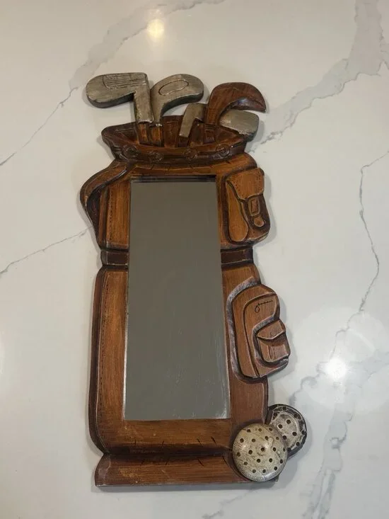 Vintage Wood Golf Bag carved Wall Mirror Decor Clubs And Balls Folk Art Style
