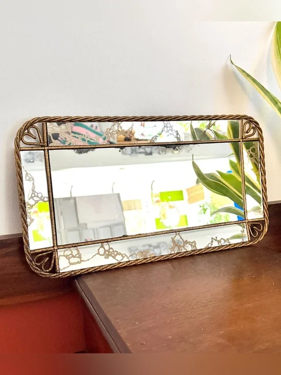 Rectangle Mirror Wall Hanging Vanity Tray 1960’s Vintage Metal Twist Frame Heart