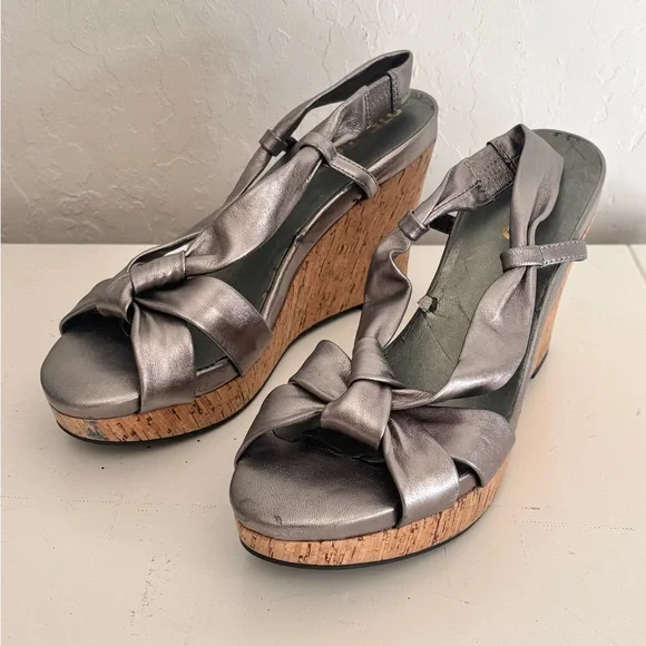 Me Too Metallic Leather Knot Cork Heel Wedge Platform Sandals, Women’s 7