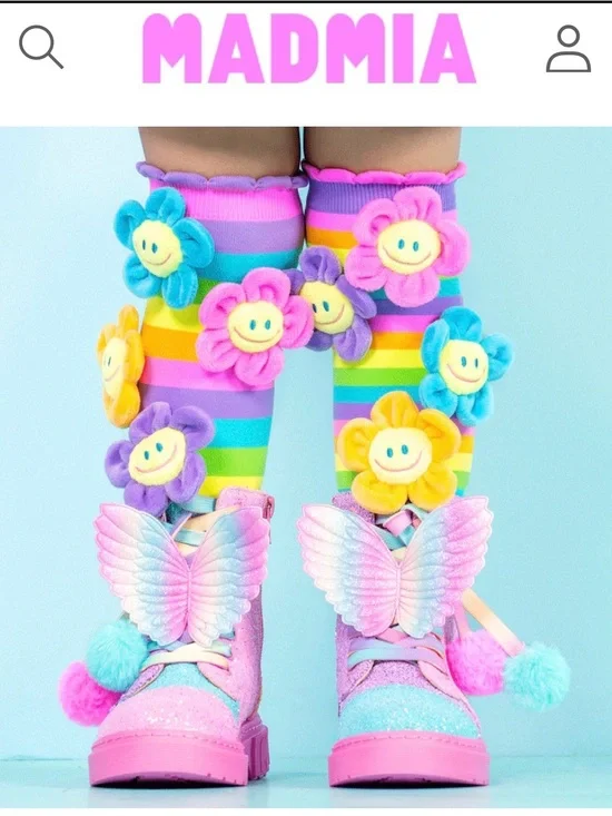 Madmia  Rainbow Striped Knee Socks with Smile Flower Appliqués