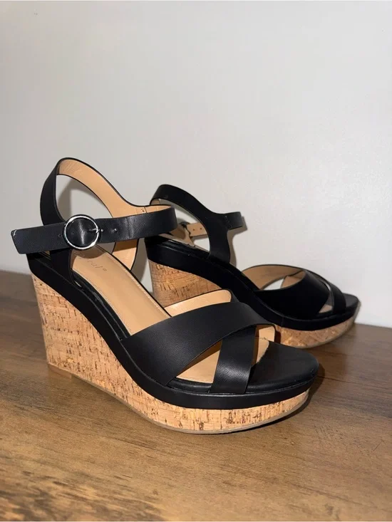 Xappeal Black Cork Wedge Sandals with Ankle Buckle