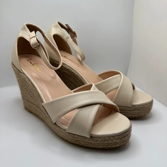 NEW Lulus Women’s Cream Crisscross Espadrilles Strap Wedge Sandal Sz 9