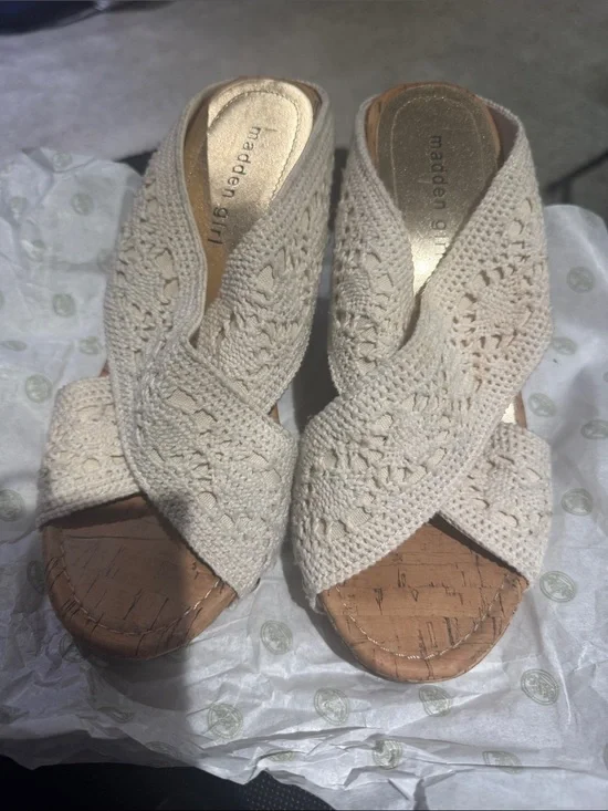 Madden Girl Cream Crochet Cork Wedge Sandals