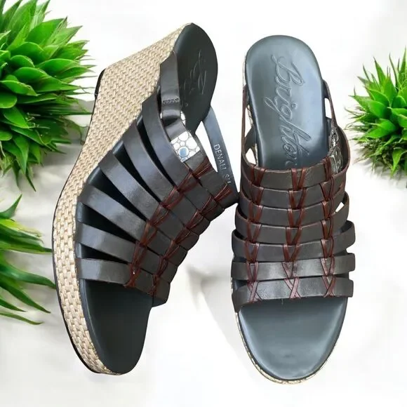 Brighton Denali Wedge Slide Sandal Women’s Size 8 Gray Brown Strappy Leather