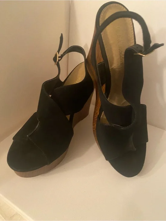 Black Suede Wedge Slingback Heels with Wood-Look Platform