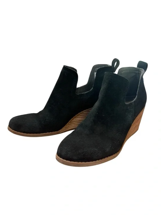 Toms Black Suede Wedge Booties with Stacked Brown Heel Women’s size 6 Slip-Ons