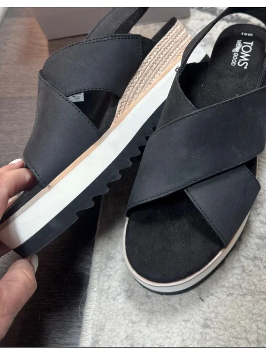 TOMS Black Crisscross Slingback Wedge Sandals with Espadrille Trim