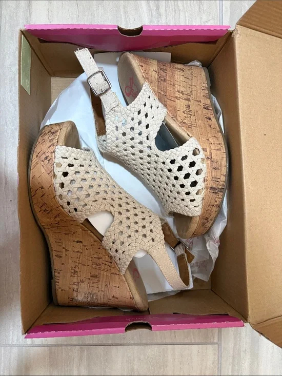 Jellypop Woven Beige Cork Wedge Sandals - Women's Summer Heels
