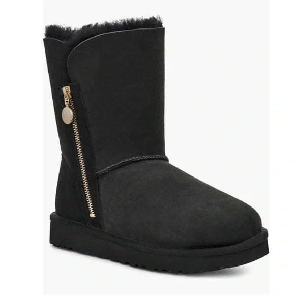 UGG Bailey Zip Mid-Calf Boots Flat Black Twinface Sheepskin Real Fur US Size 6‎