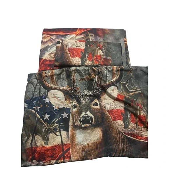 Deer American Flag Bedding Set Full Queen Duvet 2 Shams Hunting Camo‎ Wildlife
