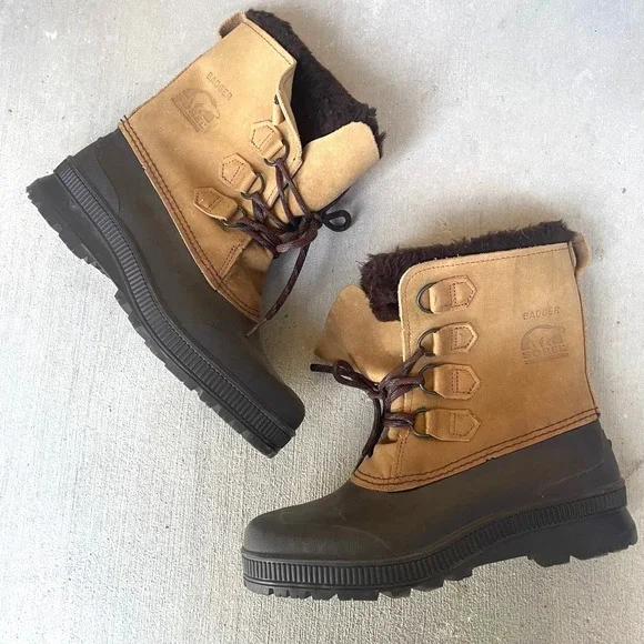 Sorel Badger Boots Winter Snow Duck Womens‎ 10 Tan Black Brown Fleece Lined
