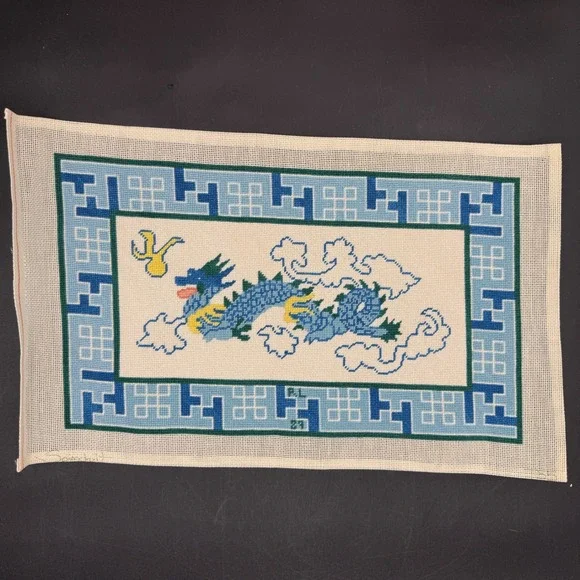 Vintage Lee Arts? Imperial Dragon Needlepoint Canvas Art Asian Cottage Boho