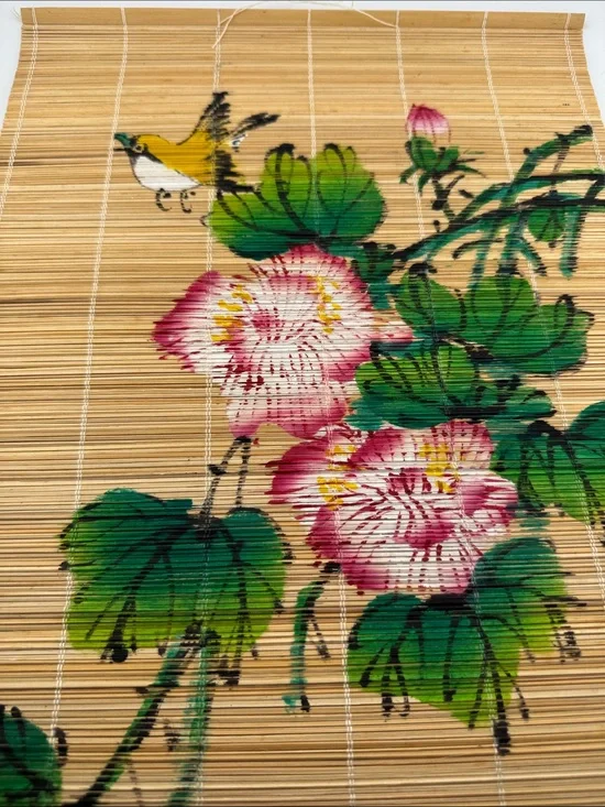 Chinese Hand Painted Reed Wall Hanging | Yellow Bird & Flowers | 18