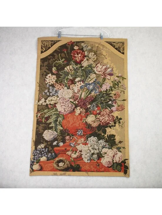 Vtg French Heavyweight Floral Home Décor Woven Tapestry Urn with Flowers 38x25.5