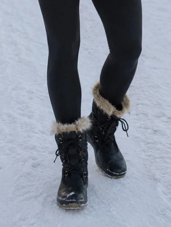 Women's Lands End Black Faux Fur Trim Lace Up Winter Boots Sz 7B Rubber Sole