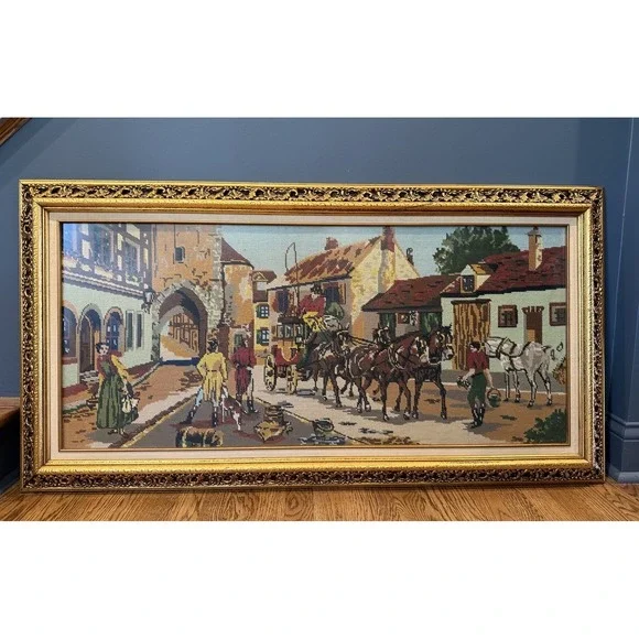 Vintage Huge Victorian Scenery Needlepoint Wall Art Tapestry Framed 26.5
